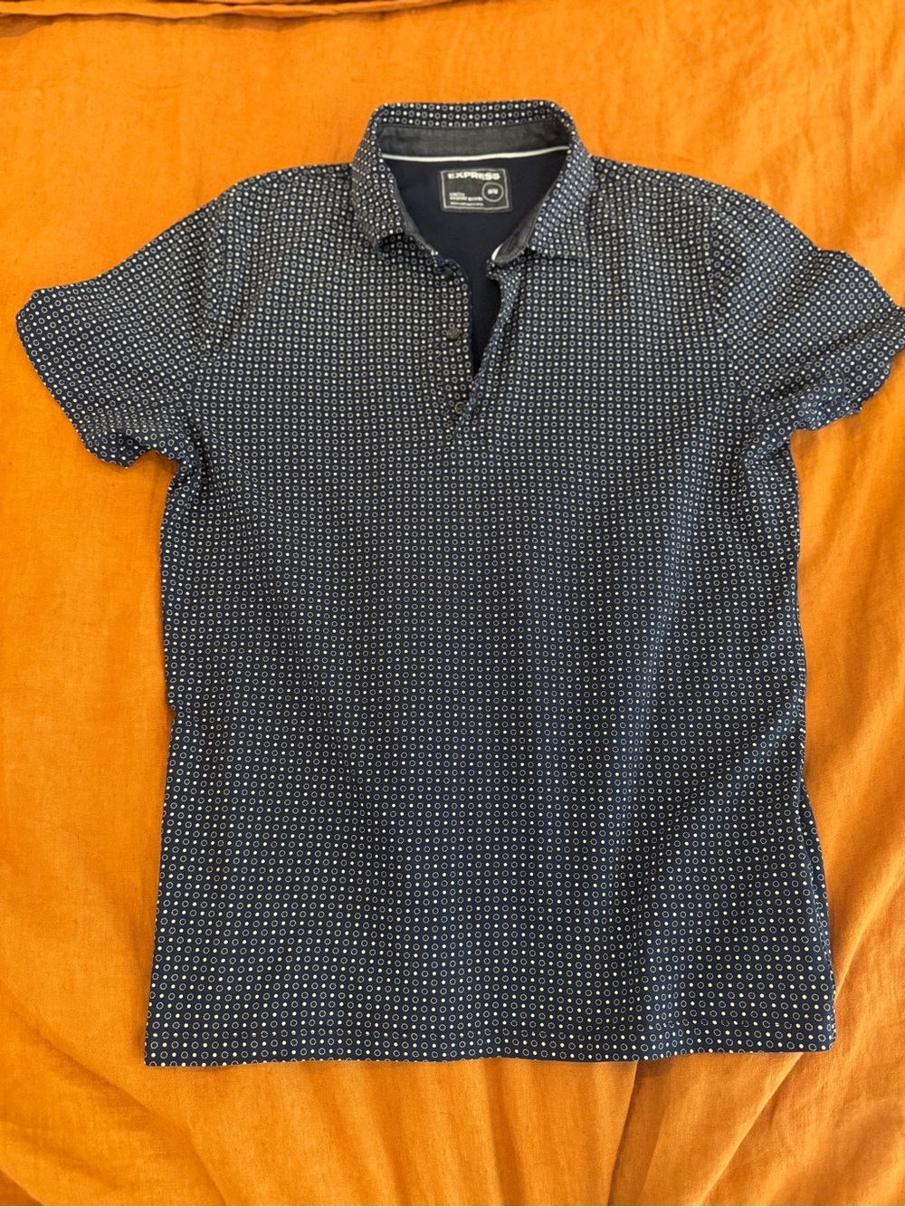 Express Stretch Moisture Wicking Navy Polo with White Micro Dot Pattern